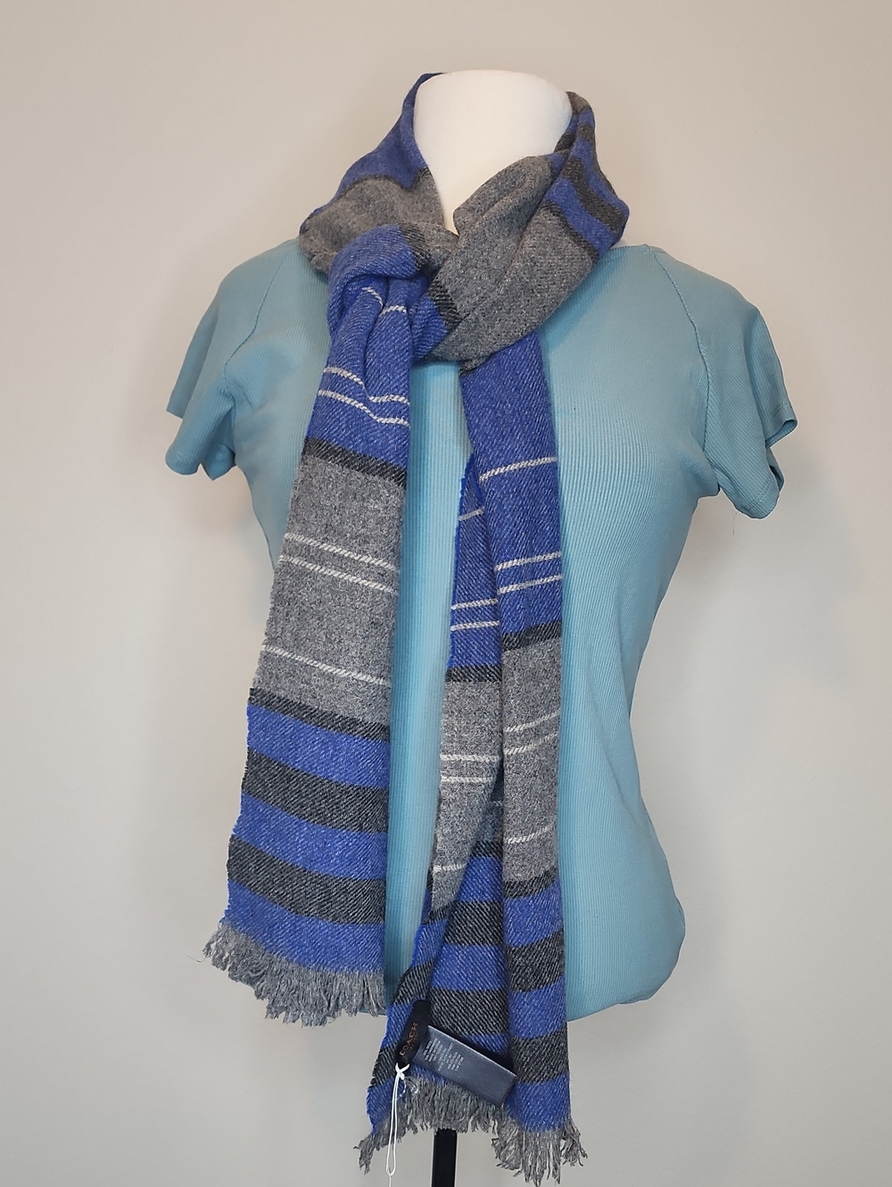 Coach Blue and Gray Striped Wool Scarf